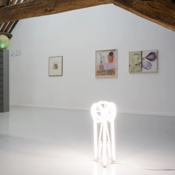 Julien Monnerie, oIoIoI, 2020, Timothée Calame, Old Models: Nutrition, Sexualité, 2022, Fred Deux, L’avaleur, 1975, Megan Rooney, Kissing with your pants off, 2017 et Carlotta Bailly-Borg, Monk (3), 2022, courtesy des artistes et Collection FRAC Île-de-France, vue de l’exposition La Chambre à échos : Vieilles coques et jeunes récifs, La Ferme du Buisson, 2024 l